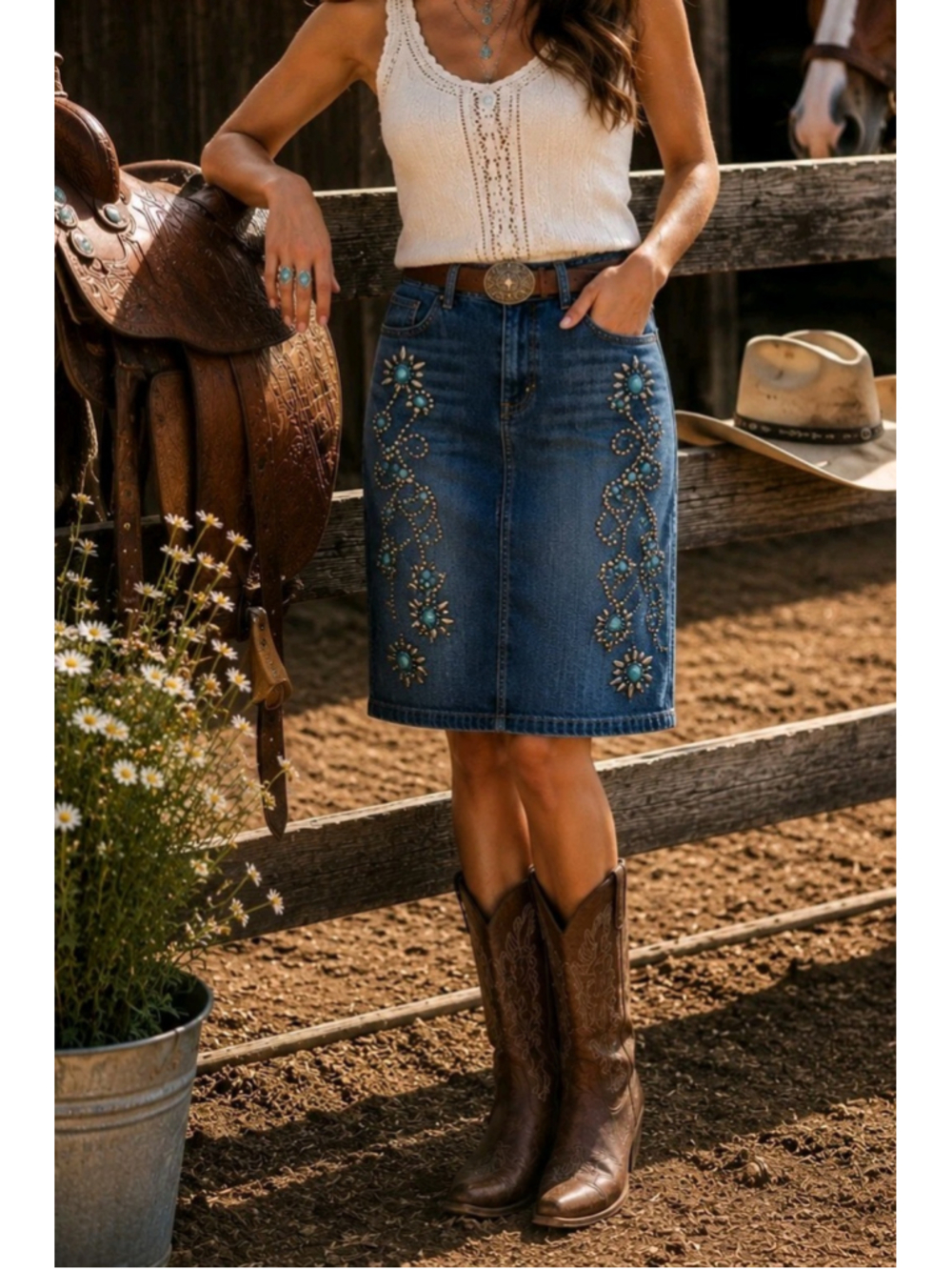 Cripple Creek Denim Western Knee Length Skirt Sz 10 Blue Studded Turquoise Embel - Picture 1 of 10